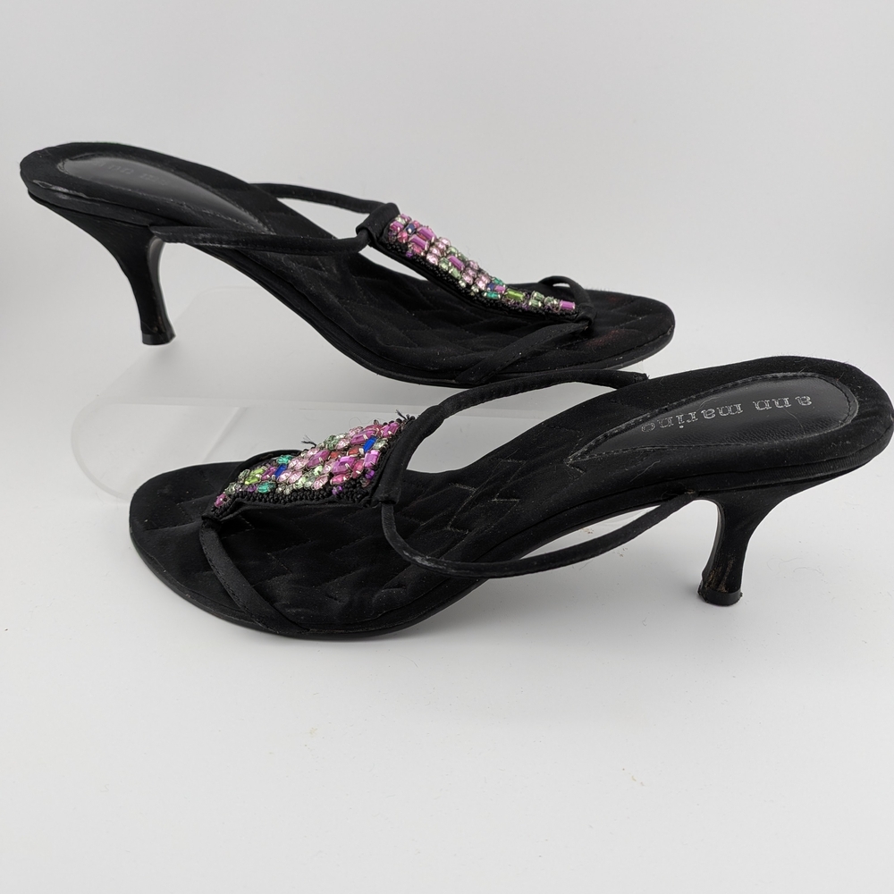 Ann Marino Black Satin Mules with Pink, Green & Blue Gem Accents - Picture 3 of 5